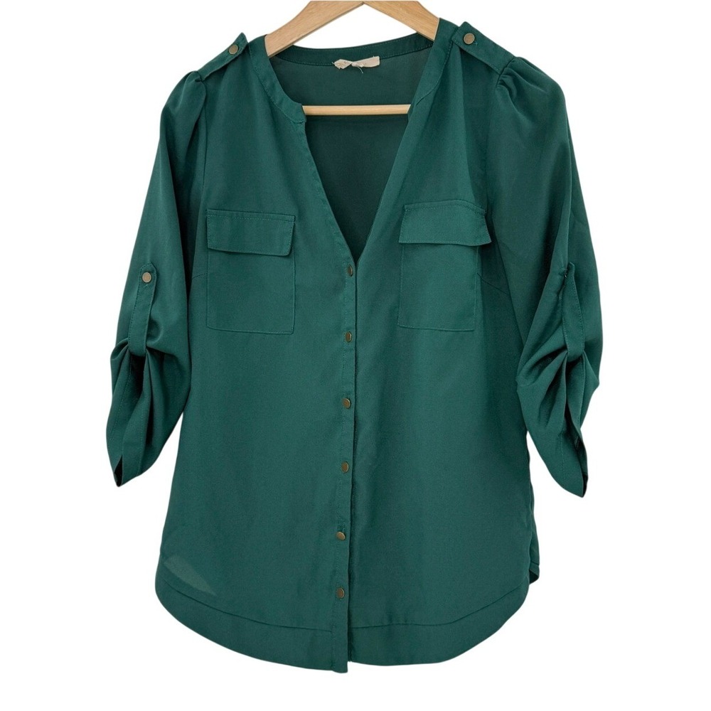 41 Hawthorn Womens Dark Green Roll Tab Sleeve Button Down Blouse Small
